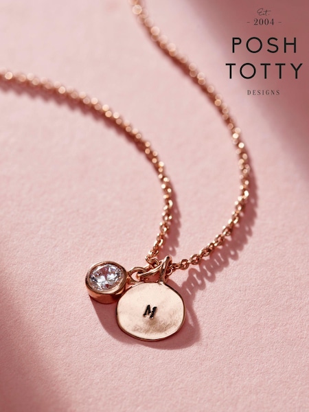 Posh Totty Designs Silver Tone Birthstone And Initial Disc Charm Necklace (E79782) | £65