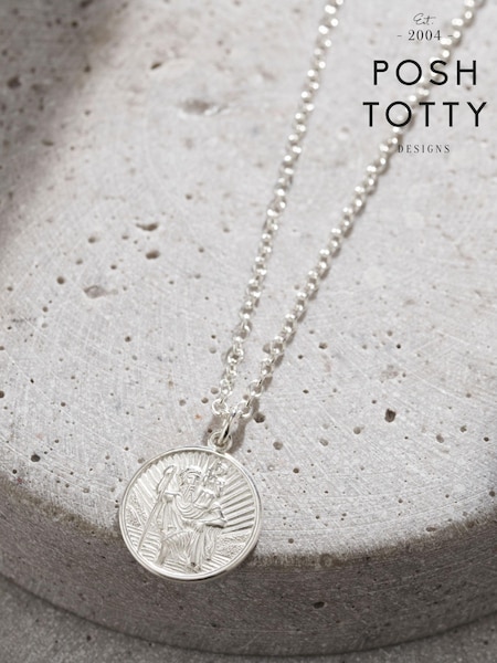 Posh Totty Designs Silver Tone Personalised Mens St Christopher Necklace (E79791) | £85