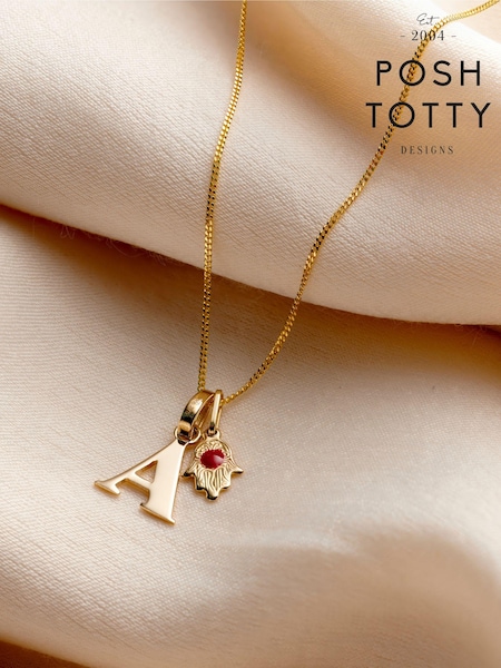 Posh Totty Designs Gold Tone 9ct Mini Hamsa Hand Initial Necklace (E79792) | £195