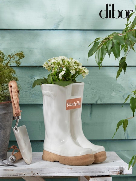 Large White Personalised Garden Welly Boots Planter by Dibor (E80055) | £35