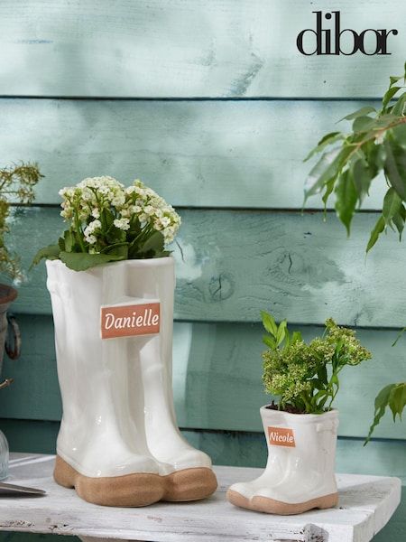 Little And Large White Personalised Garden Welly Planters Set by Dibor (E80056) | £58
