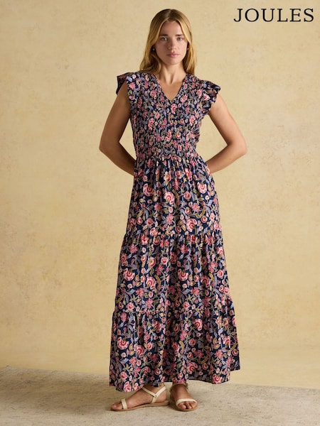 Joules Esme Navy Shirred Midi Dress (E80078) | £49