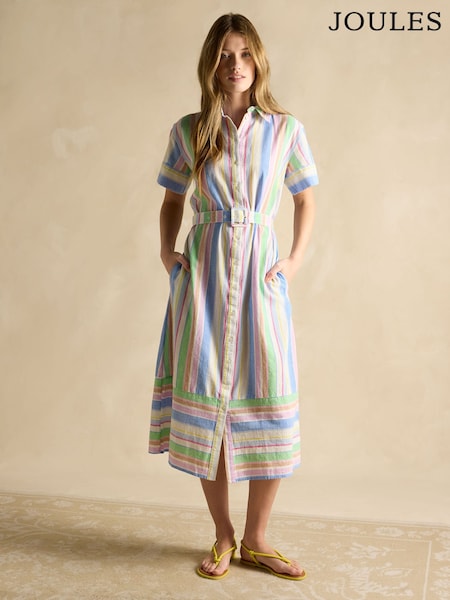 Joules Carrie Multi Stripe Linen & Cotton Shirt Dress (E80094) | £79