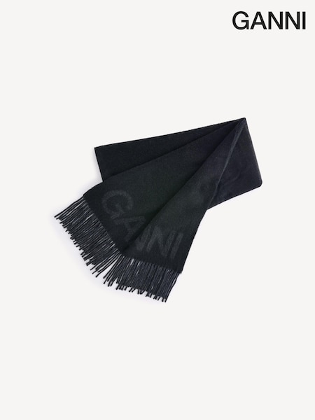 GANNI Black Fringed Wool Scarf (E80393) | £145