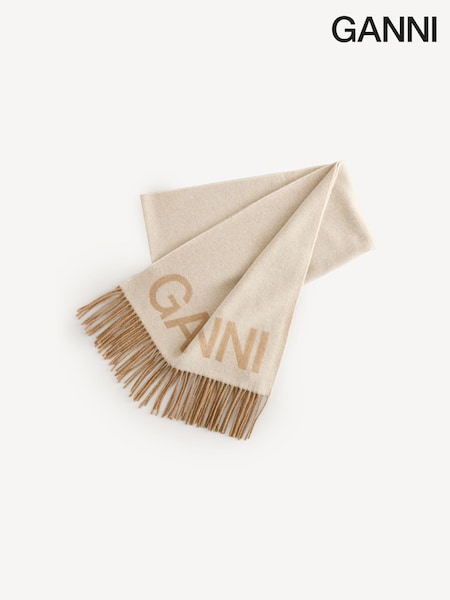 GANNI Cream Fringed Wool Scarf (E80395) | £145