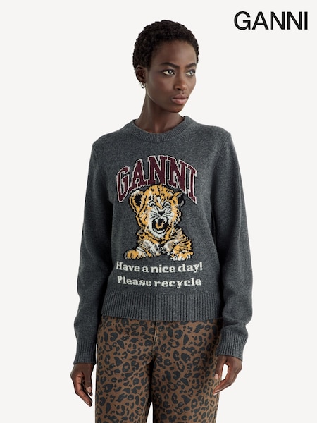 GANNI Grey Tiger Graphic Wool Crewneck Jumper (E80417) | £285