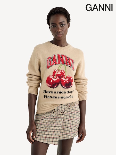 GANNI Brown Cherry Wool Crew Neck Jumper (E80422) | £285