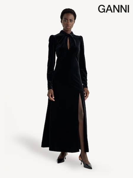 GANNI Black Velvet Jersey Gathered Maxi Dress (E80423) | £165