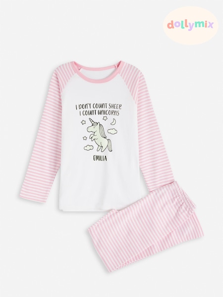 Dollymix Pink Personalised Glow In The Unicorn 100% Cotton Pyjamas (E80586) | £30