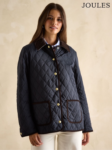 Joules Quinn Navy Blue Showerproof Diamond Quilted Coat (E80835) | £109