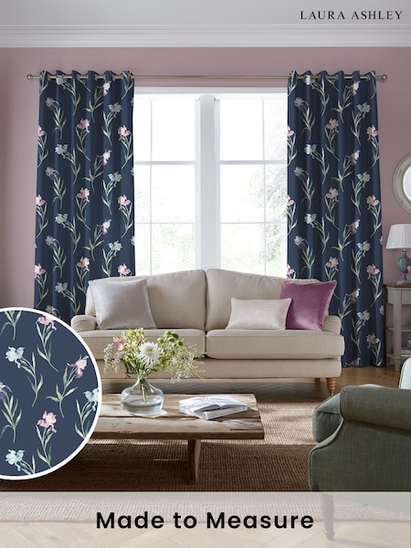 Laura Ashley Midnight Navy Blue Hawling Irises Made to Measure Curtains (E80849) | £91