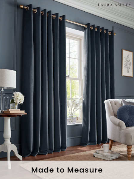 Laura Ashley Midnight Seaspray Blue Middleton Velvet Made to Measure Curtains (E80855) | £100