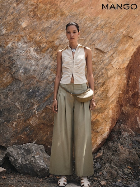 Mango Sage Green Wide Leg Pleat Front Trousers (E81279) | £50