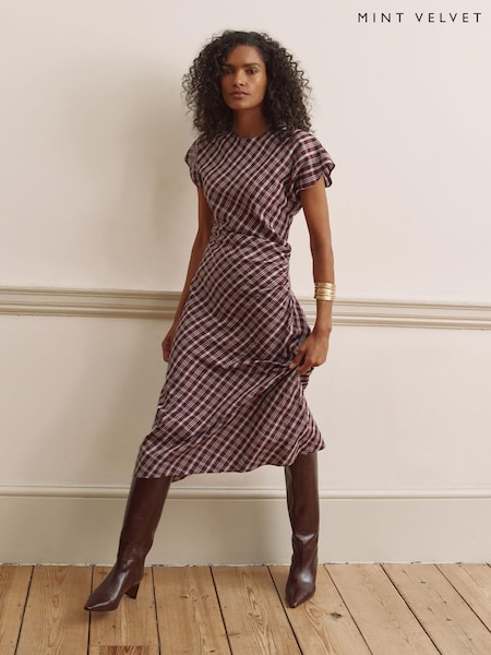 Brown - Mint Velvet Checked Ruched Midi Dress