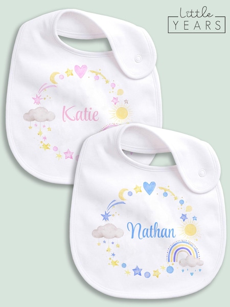 Little Years Personalised Heart and Rainbows 100% Cotton White Bib (E81471) | £14
