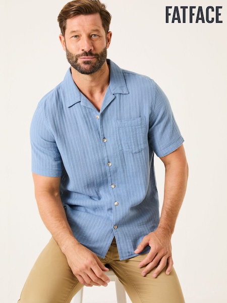 FatFace Bugle Blue Stripe Short Sleeve Linen Cotton Shirt (E81698) | £42