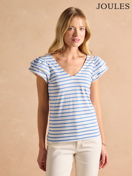 Joules Emma Blue Striped V-Neck Frill Jersey Vest (E81858) | £28