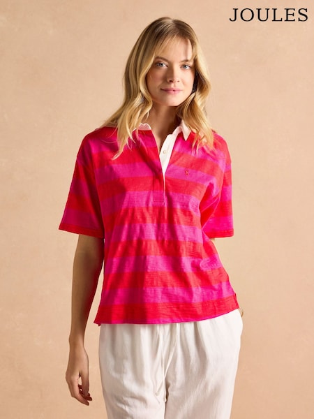 Joules Leighton Pink Stripe Short Sleeve Cotton Slub Rugby Top (E81869) | £55