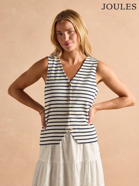 Joules Harbour Cream & Navy Button Down Cotton Tank (E81888) | £35