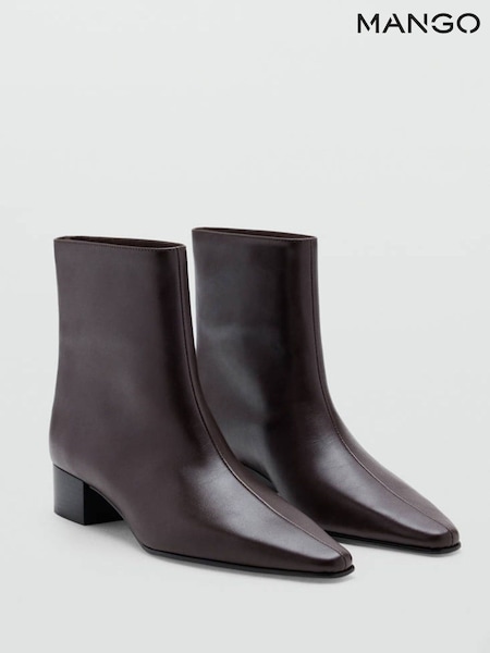 Brown - Mango Pu Pointed Toe Block Heel Ankle Boots
