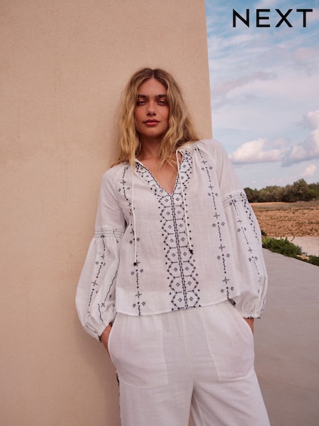 Black/White 100% Cotton Constrast Embroidered Boho Long Sleeve Blouse (E81977) | £42