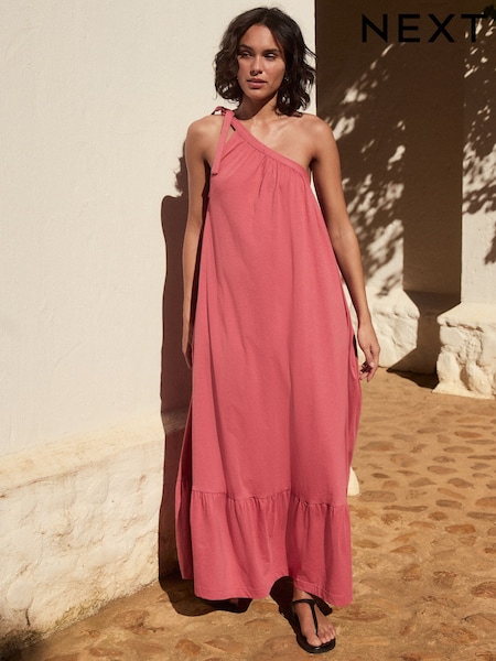 Pink One Shoulder 100% Cotton Midi Dress (E81999) | £35