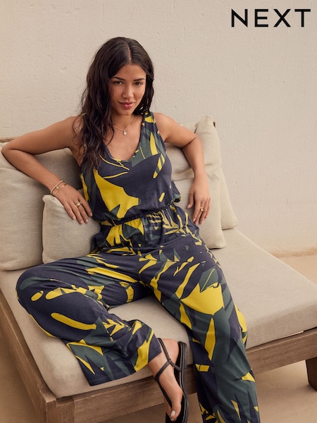 Navy/Khaki Green Jersey Wide Leg V-Neck Sleeveless Jumpsuit (E82002) | £34