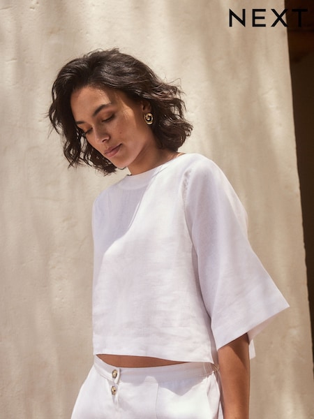 White Premium 100% Linen Boxy Short Sleeve Blouse (E82009) | £35