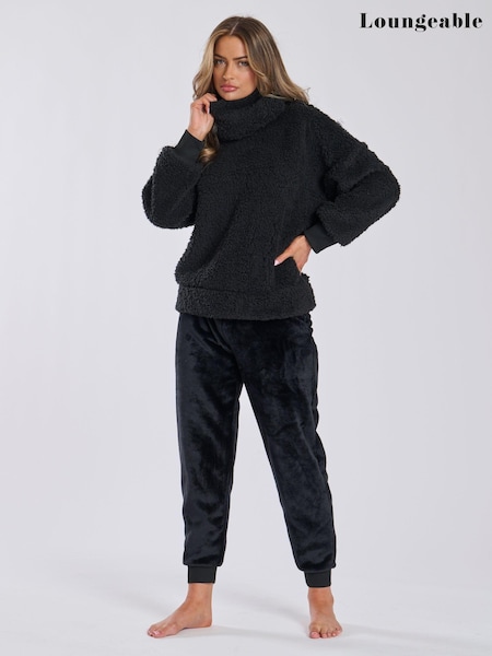 Loungeable Black Borg Removeable Snood Jumper and Luxury Fleece Jogger Lounge Set (E82116) | £34