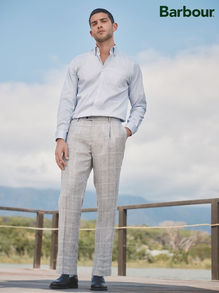 Barbour® Grey Slim Fit 100% Linen Check Suit Trousers (E82225) | £149