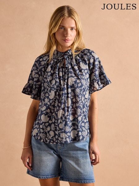 Joules Melissa Navy Short Sleeve Cotton Blouse (E82294) | £45