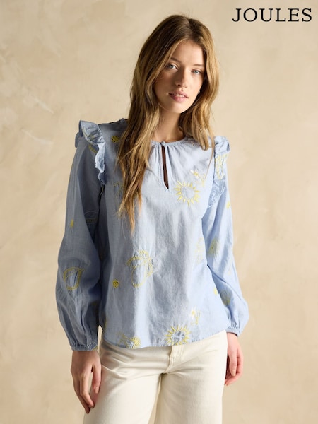 Joules Soraya Blue & Yellow Embroidered Chambray Blouse (E82435) | £65