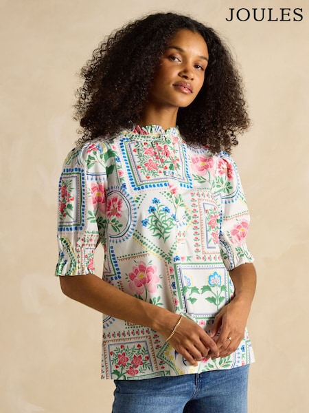 Joules Elle Cream Tile Print Frill Neck Cotton Blouse (E82436) | £45
