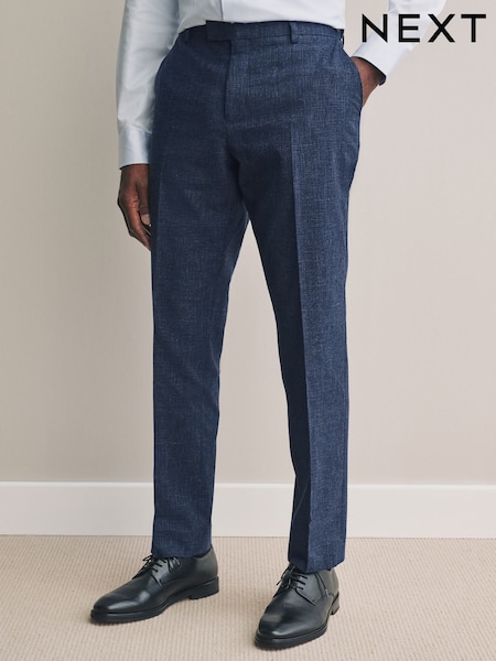 Blue Slim Fit Tollegno Linen Blend Check Suit Trousers (E82656) | £110