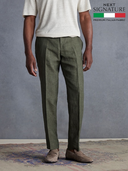 Green Slim Fit Signature Leomaster Italian 100% Linen Fabric Suit Trousers (E82674) | £100