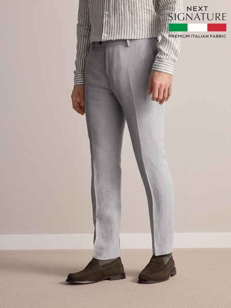Light Grey Slim Fit Signature Leomaster Italian 100% Linen Fabric Suit Trousers (E82676) | £100