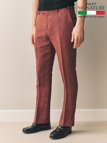 Rust Brown Slim Fit Signature Leomaster Italian 100% Linen Fabric Suit Trousers (E82678) | £100