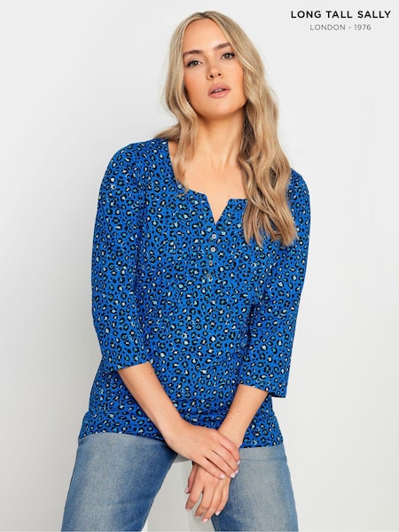 Long Tall Sally Blue Animal Print 3/4 Sleeve Pintuck Henley 100% Cotton Top (E82902) | £23