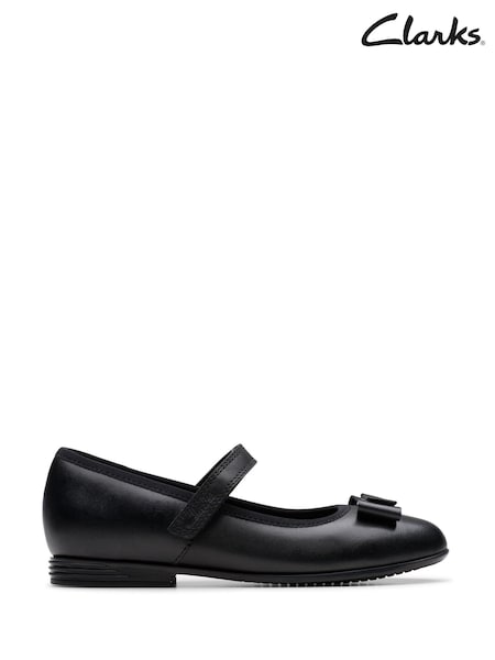 Clarks Black Wide Fit (G) Finja Tap Mary Jane Bow Leather School Shoes (E82950) | £44