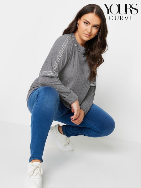 Yours Curve Grey Studded Neckline Embellished Jumper (E82983) | £34