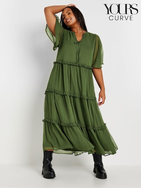 Yours Curve Green Chiffon Tiered Dress (E82994) | £34