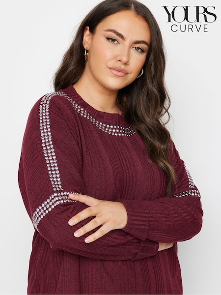 Yours Curve Red Studded Neckline Embellished Jumper (E83029) | £34