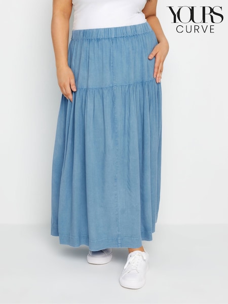 Yours Curve Blue Gathered Chambray Skirt (E83039) | £31