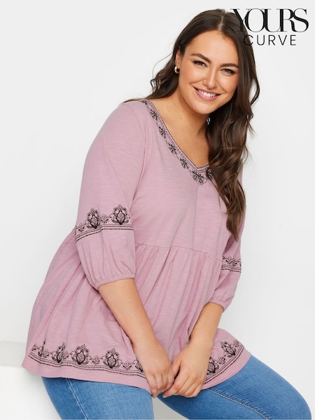 Yours Curve Pink Embroidered 3/4 Smock 100% Cotton Tunic (E83063) | £31