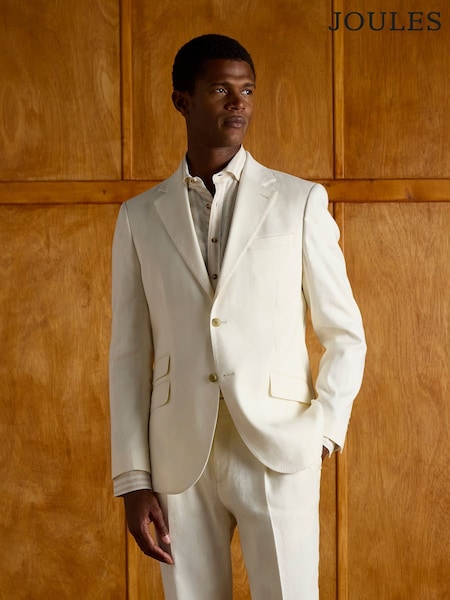 Joules Ecru White Linen Herringbone Slim Fit Suit Jacket (E83150) | £174