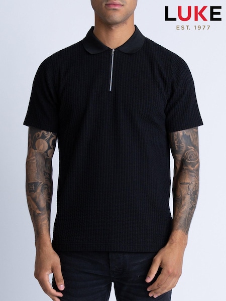 Luke 1977 Waffle On Black Black Polo Shirt (E83547) | £65