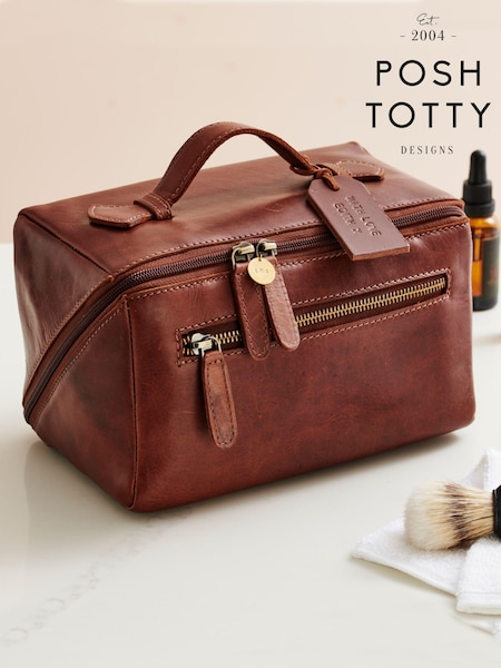 Posh Totty Designs Personalised Leather Lay Flat Wash Brown Bag (E83622) | £59