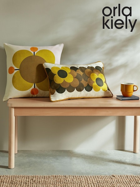 Orla Kiely Yellow Retro Flower Stripe 100% Cotton Cushion (E84093) | £38