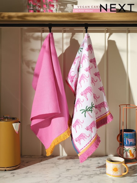 Set of 2 Pink Embroidered Tropical Leopard Tea Towels (E84460) | £14