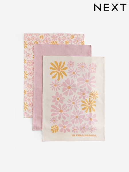 Set of 3 Pink 100% Cotton Gracie Floral Tea Towels (E84462) | £14